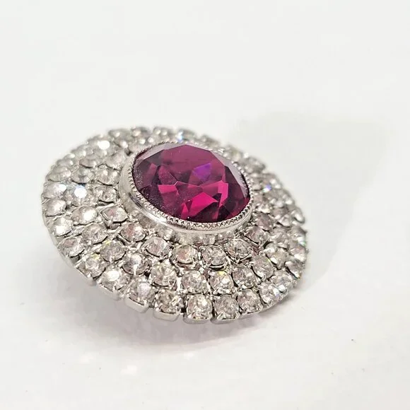 Hobé Ruby Red Rhinestone Clip Earrings Silver Tone Round Halo Art Deco Regency - Picture 8 of 9